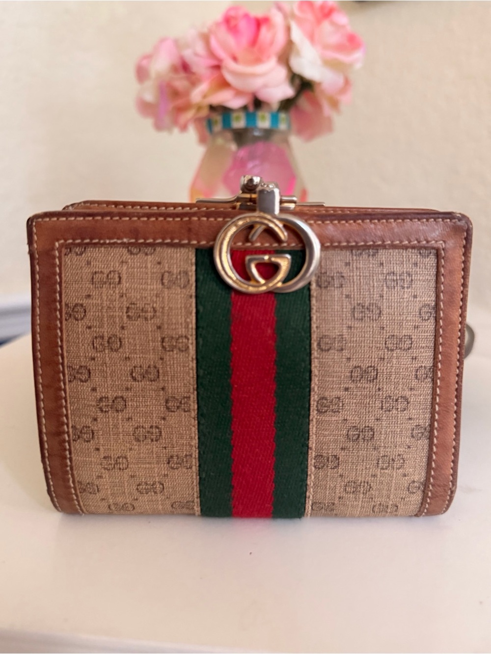 Gucci GG Monogram Coated Canvas & Clasp Compact bifold wallet Sherry Line